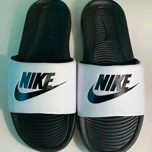 L Men's NIKE Slides- White/Black- US 9
